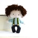 Boy rag doll toy handmade stuffed plushie with sewn hair white turquoise striped shirt navy blue denim jeans with pocket 11 inch 27 cm