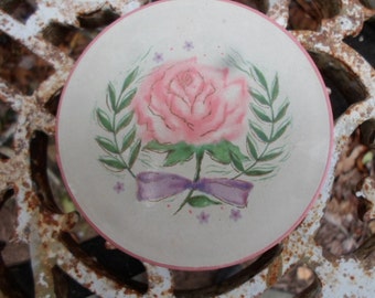Vintage 1950s Goubaud de Paris Fifth Avenue New York Face Powder Cardboard and Plastic Container Vanity Pink Rose Green and Purple