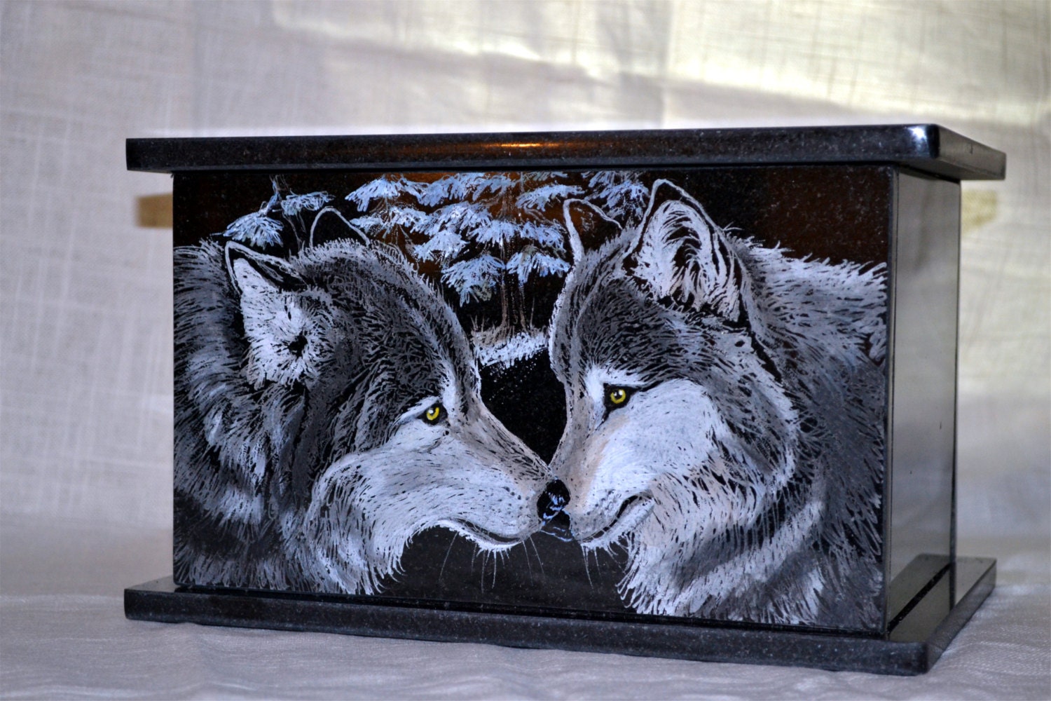 Hand Etched Cremation Urn Black Granite Gray Wolf Two Hearts