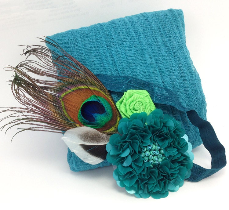 Teal Cheesecloth Wrap with Peacock Feather by TreasuredMemoryLane