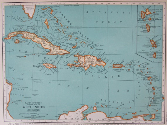 1936 CARIBBEAN Map. Jamaica Virgin Islands. by OriginalAntiqueMaps