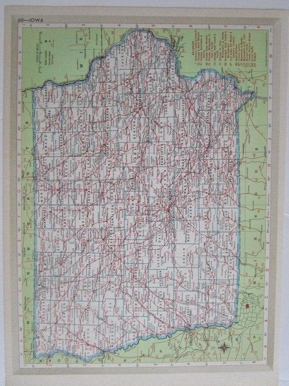 1952 IOWA Railroad Map. 8x11.1950s IA Railroad Map. Railway