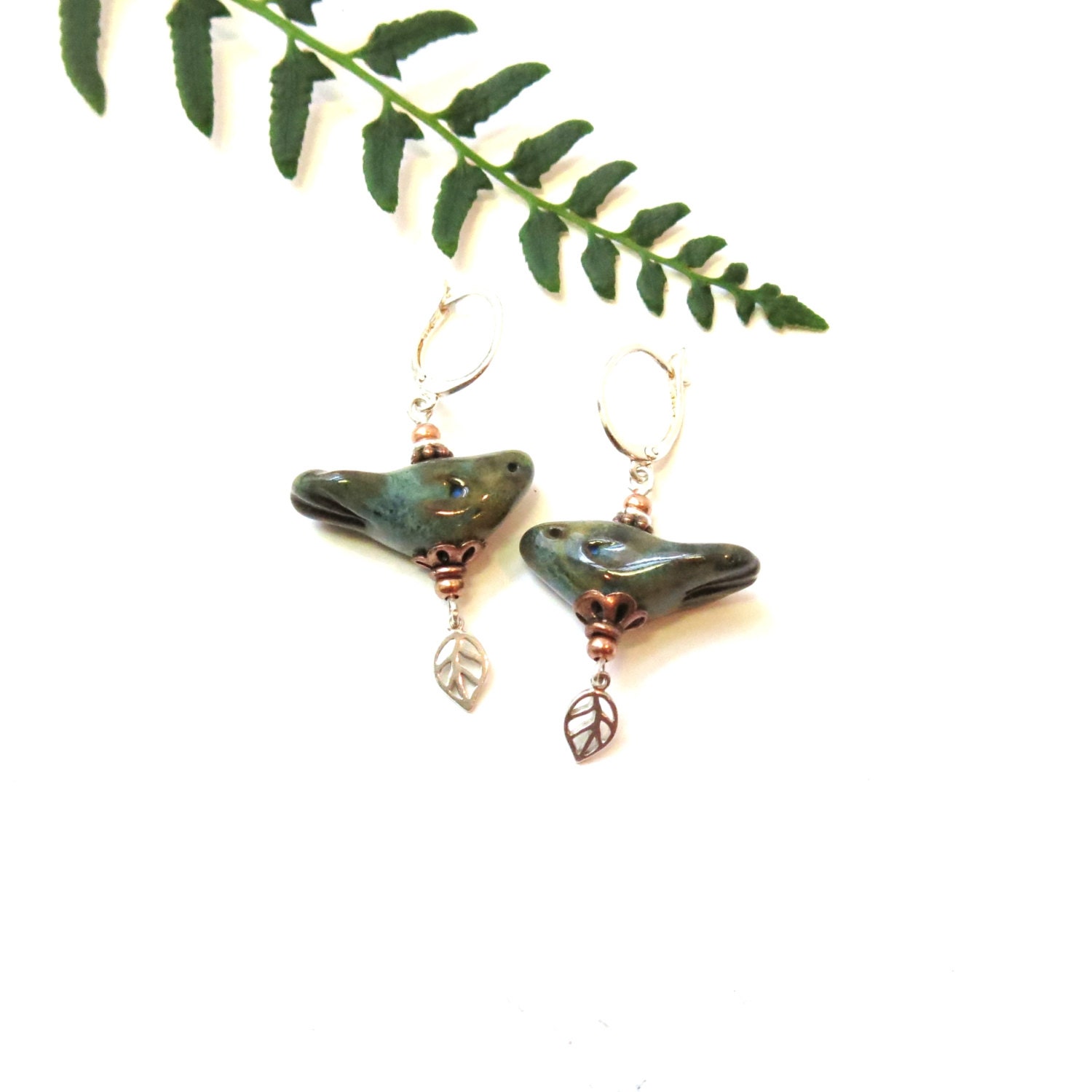 Pottery Bird Earrings USA Handmade Artisan Blue Bird Focal