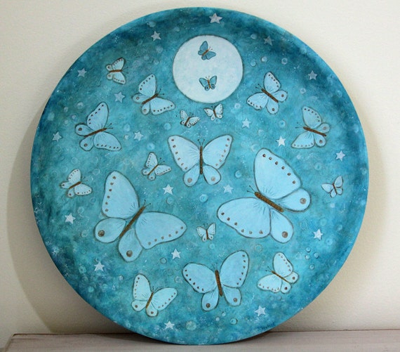 Folk Art Wood Plate OOAK Spring Decor Butterflies in Moonlight Handpainted Teal Aqua Blue Turquoise Buttermilk Fantasy Folk Art