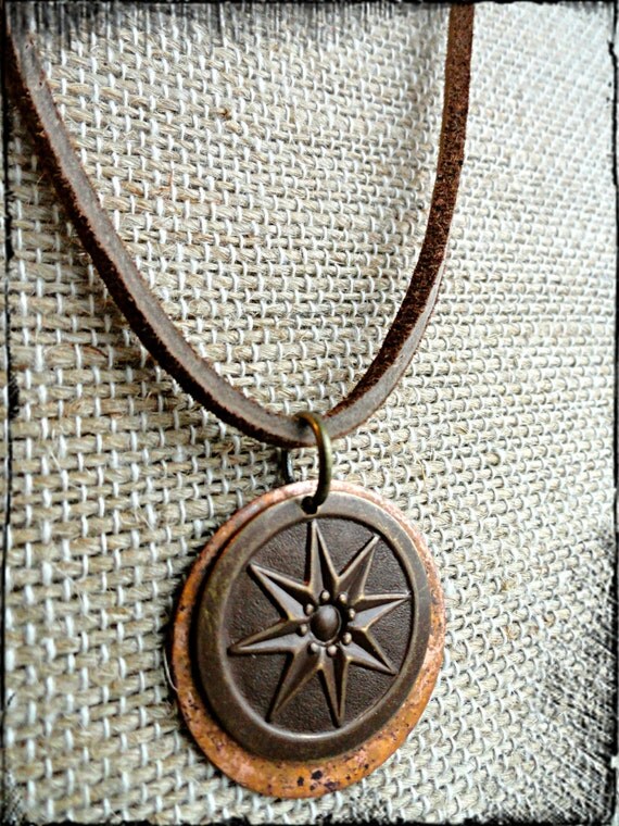 Mens Leather Brass Compass Necklace Compass Charm and Copper