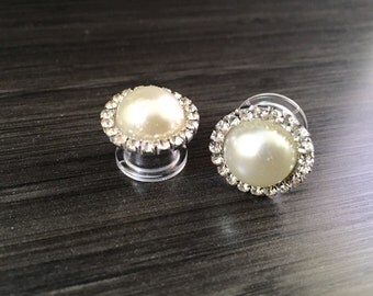 1/2" Bridal Pearl Plugs 7/16" 00g 9/16" Crystal Rhinestones Ivory Pearl Wedding Guages Formal Gauged Earrings 12mm 14mm 10mm 11mm
