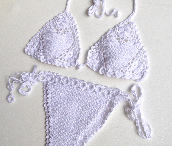 White Women Swimwear Crochet Bikini Top Bikini Bottom Swimsuit