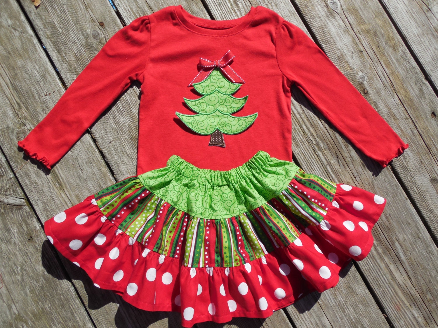 Girl's Toddlers Christmas Skirt and Shirt Outfit Tiered