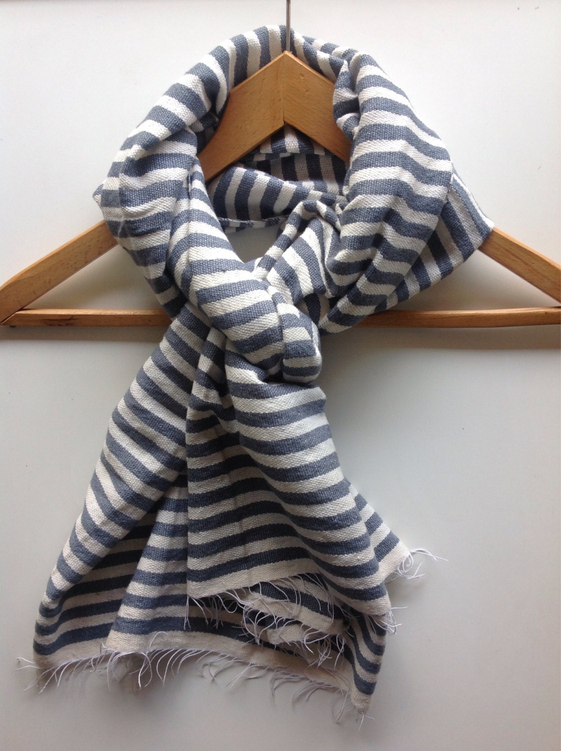 Scarf Light Gray Grey and White Cotton Wool striped Scarf Men