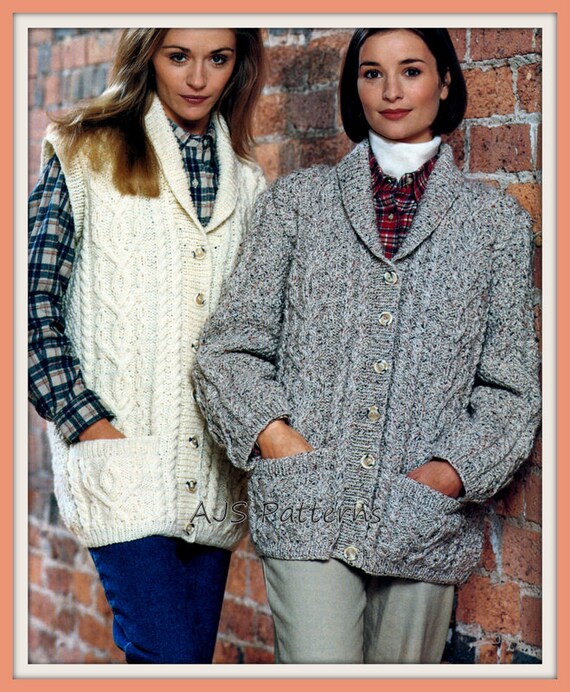 PDF Knitting Pattern Stylish Aran Jacket & Gilet Fit 30