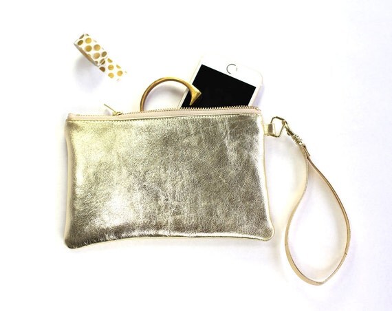 Gold metallic leather wristlet clutch by rouge and whimsy