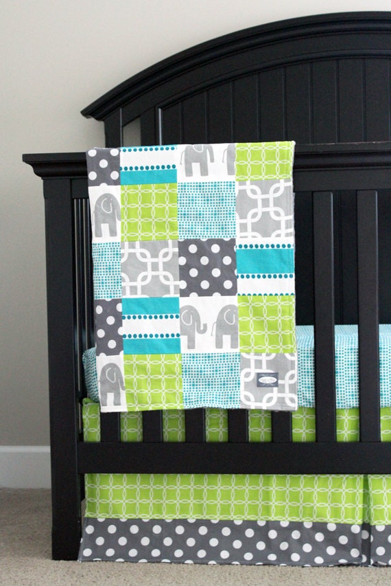 RESERVED Turquoise Lime Green and Grey Baby Bedding 2