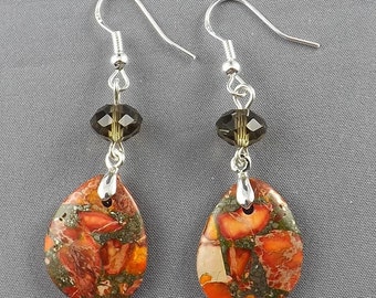 Orange Emperor Jasper gemstone beads,Smokey Quartz beads EARRINGS, sterling silver hooks