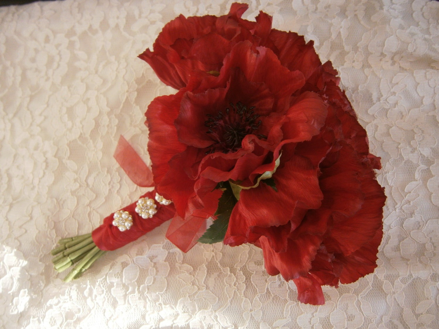 RED POPPY Bridal Bouquet. Hand tied Silk Flower Destination