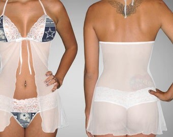 Handmade with NFL Dallas Cowboys fabric with lace accent teddy babydoll lingerie dress with G string panty