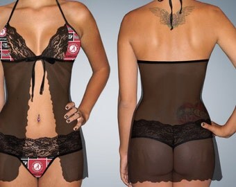 Handmade with NCAA Alabama Crimson Tide fabric lingerie scalloped lace accent teddy babydoll dress with matching G string set