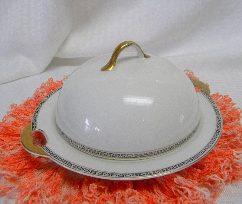 Nagoya Nippon butter dish bone china covered vintage butter dish with vent tray marked Haute Juice