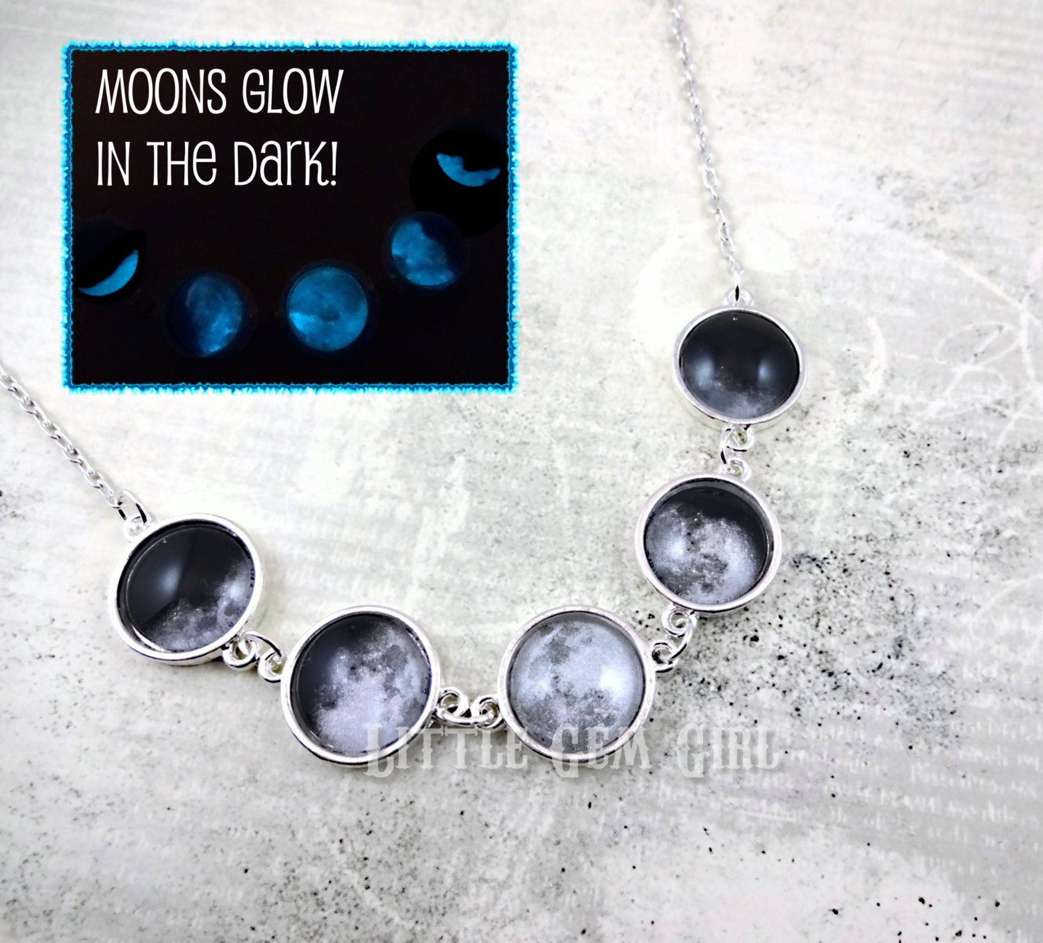 Glow in the Dark Moon Phase Necklace Lunar Phases Silver