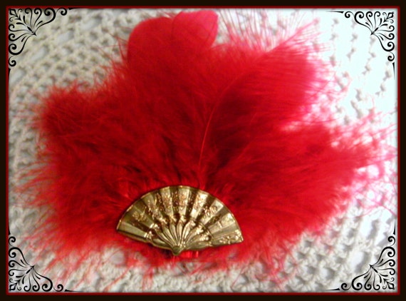 Red Feather and Fan Hair Clip