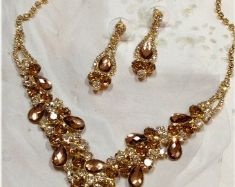 Wedding jewelry set ,bridesmaid jewelry set, Bridal necklace earrings, vintage inspired rhinestone jewelry, Champagne crystal jewelry set