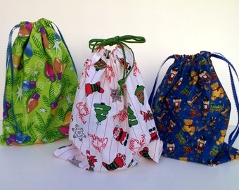 3 Christmas Drawstring Gift Bags Upcycled, Eco-friendly, Sustainable , Lights, Santa and Toys