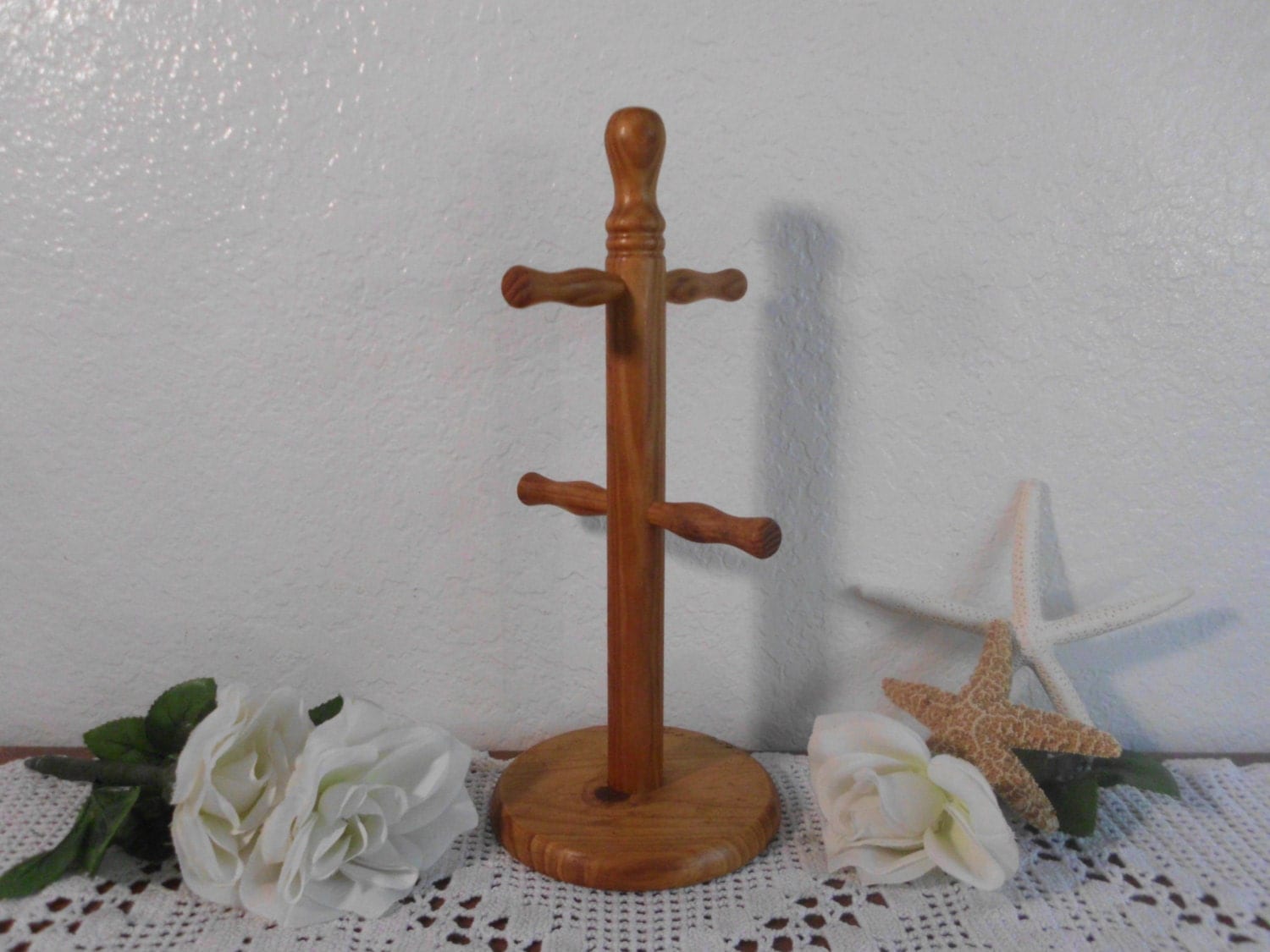 Vintage Wood Mug Rack Coffee Tea Cup Holder Wooden Jewelry