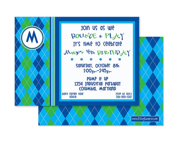 BOYS BOUNCE HOUSE, Blue & Green, Birthday Invitation, Digital or Professional Printed Invitation Il_570xn