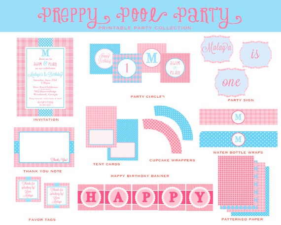 Preppy POOL PARTY Birthday Party - PRINTABLE Party Package, Pool Party Invitation and Decorations Il_570xn