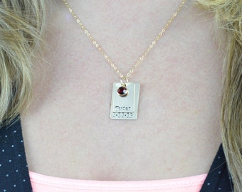 Hand Stamped Two Tier Layered 14k Gold Filled Name and Date Necklace- Square Rectangle Hand Stamped Mother's Necklace by Miss Ashley Jewelry