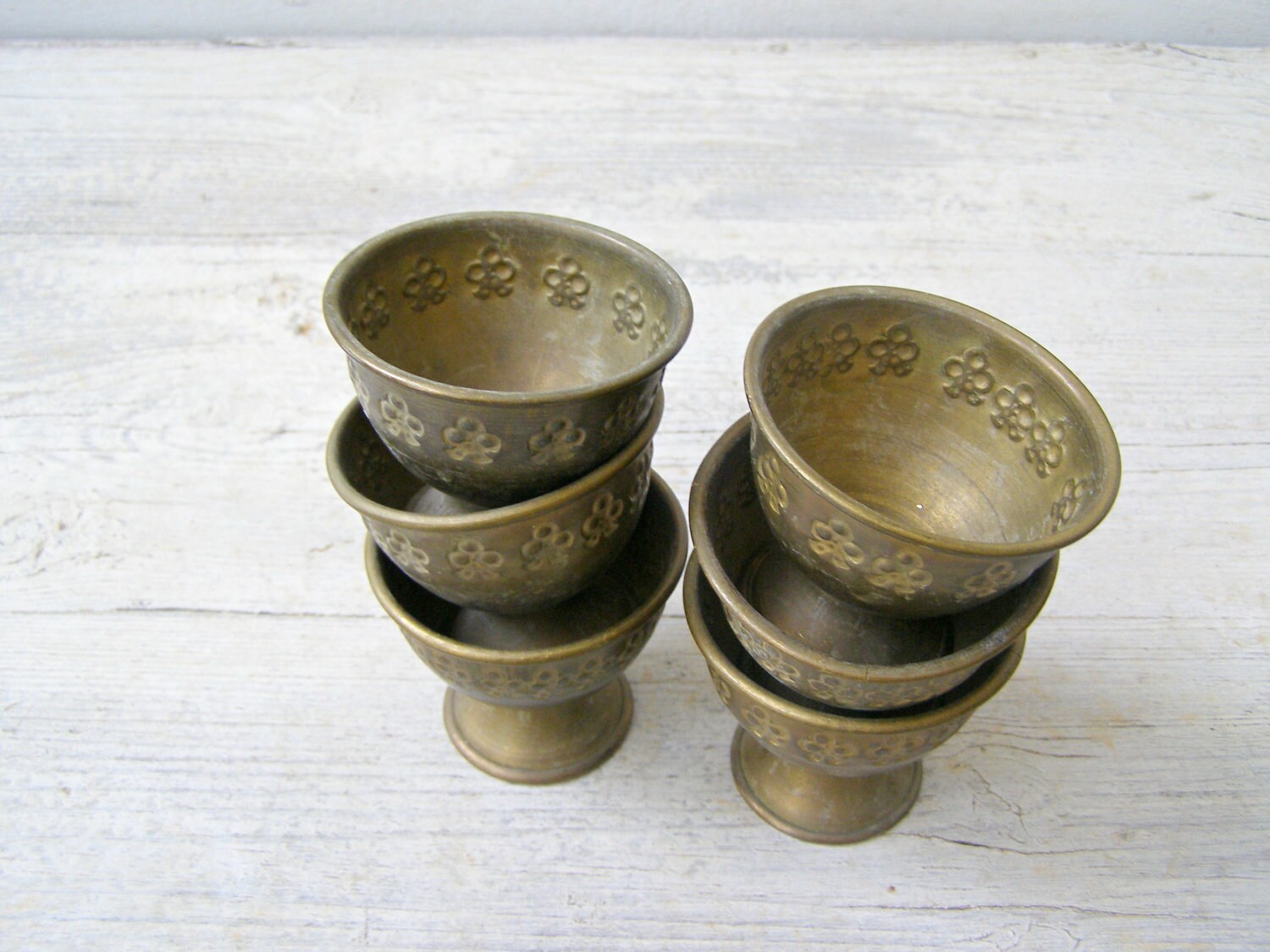 Ornate Brass Tumbler Set 6 Vintage small Etched Wine by MeshuMaSH