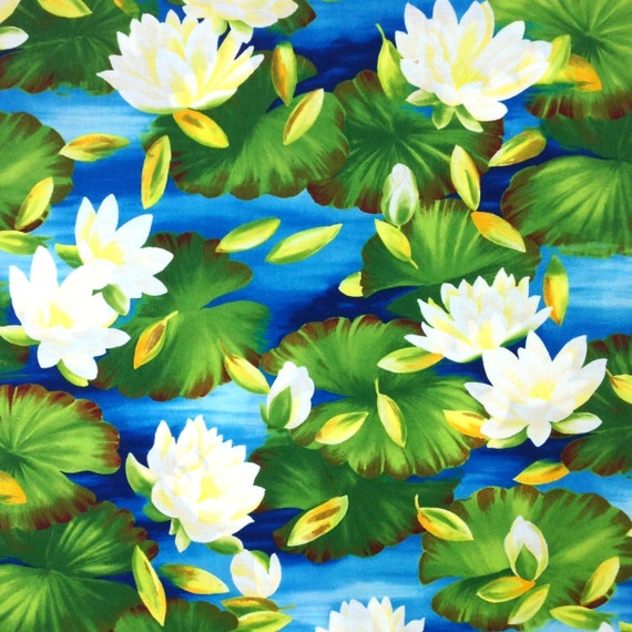 1 yard cotton fabric Water Lilies Green with White Flowers