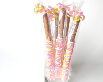 24 Chocolate covered pretzels, Chocolate covered pretzel rods, pretzel rods, pretzel sticks, pink chocolate pretzels, party favor, favors