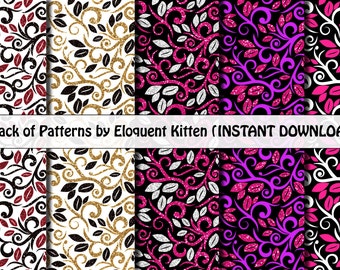 5 Digital Floral Patterns in Black, Pink, Purple, Gold, Red, Glitter, Sparkles, White