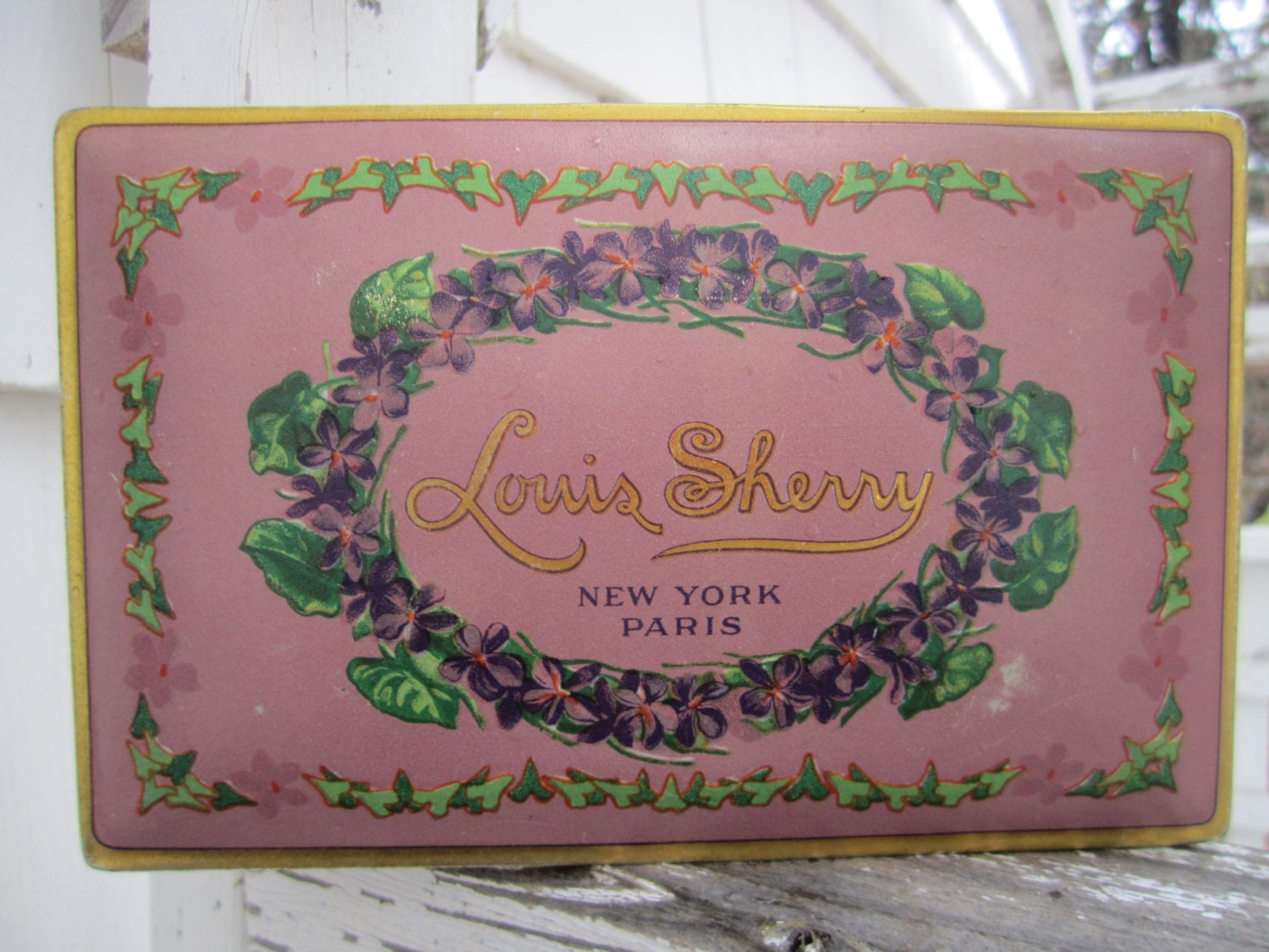 Vintage Tin Louis Sherry Candy Box Tin Mauve pink Violets and