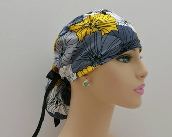 Handmade Ponytail Medical Scrub Cap - Retro Mood Flowers - Black Charcoal/Yellow/Gray - il_340x270.701031366_6wh7