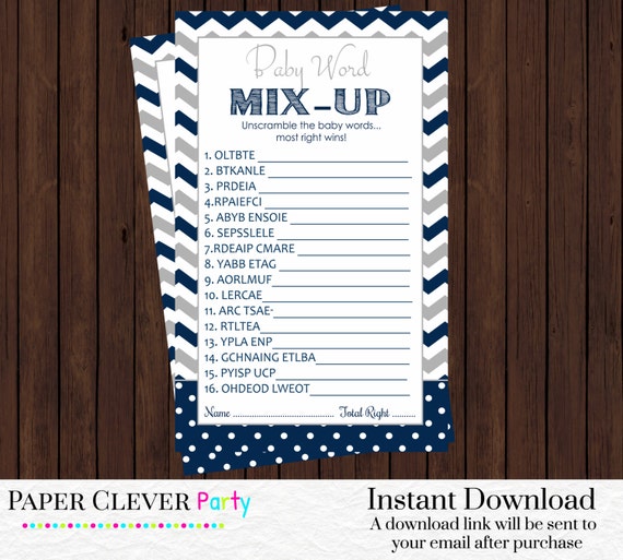 Boys baby shower Word Mix Up Game Modern Navy by papercleverparty