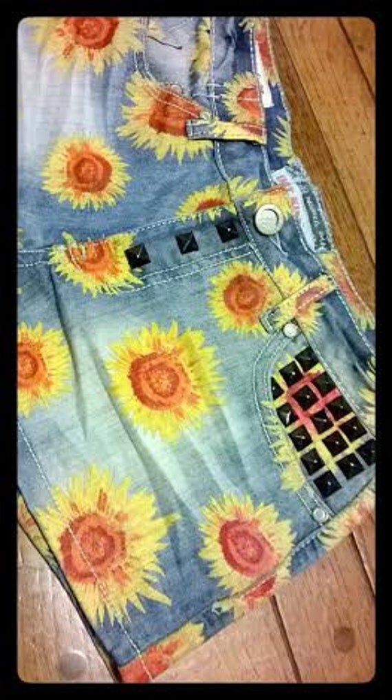 Sunflower Shorts Studded Jean Shorts Hippie by ROYALBLISSART