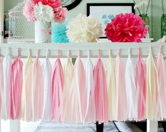 Pink, White and Cream Tissue Paper Tassel Garland- Wedding, Birthday, Bridal Shower, Baby Shower, Garden Party Decorations