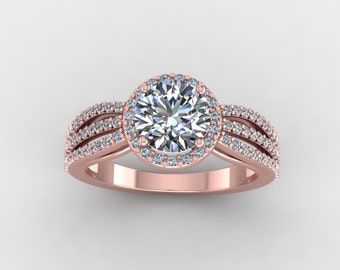 Rose gold engagement ring,diamond halo ring,hand made custom design rings, style 60RGDM