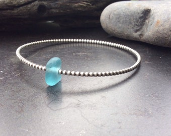 Sea glass jewelry, Sterling silver beaded bangle bracelet with sea glass accent