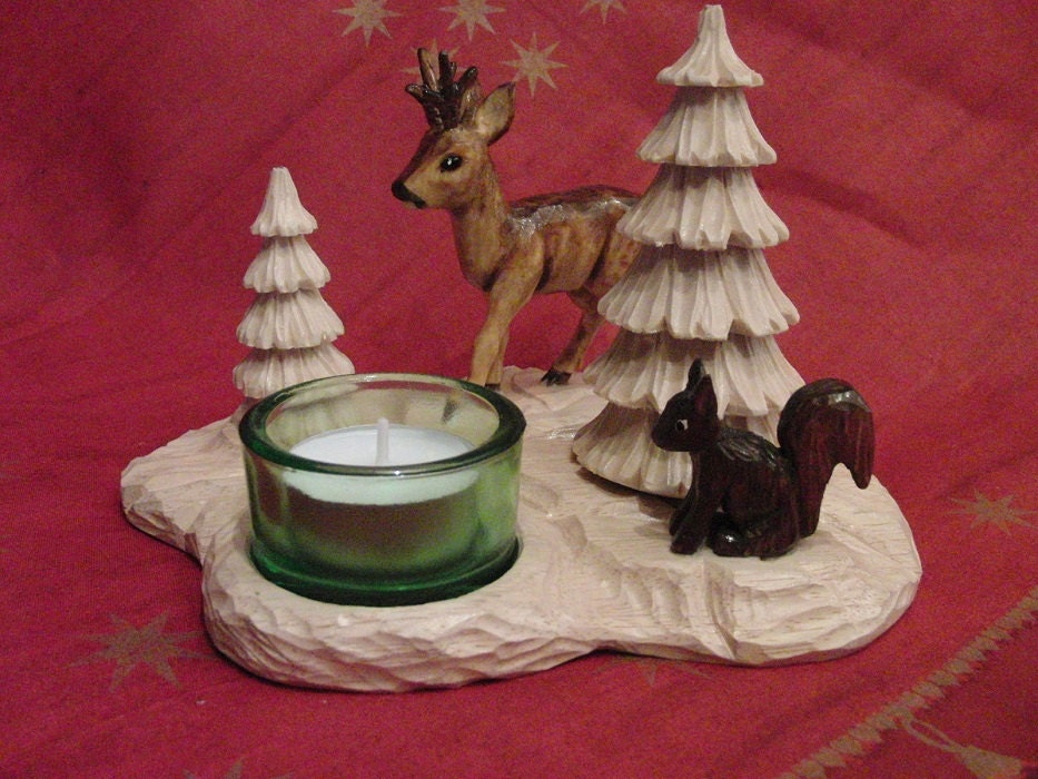 CARVED TEALIGHT CANDLE Holder, Deer with Squirrel and Fir Tree, German Handmade