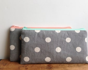 White Polka Dots on Gray Pencil Case, Mint Gray, Light Pink Gray, Cute Pencil Case, Back to School, Mint and Grey, Pink and Grey