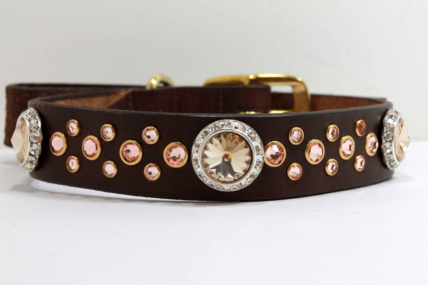 Dog Collar with Swarovski Crystal Leather Dog Collar Peach and