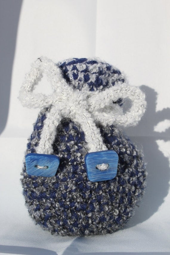 Crocheted drawstring dicebag dice bag blue grey gray white