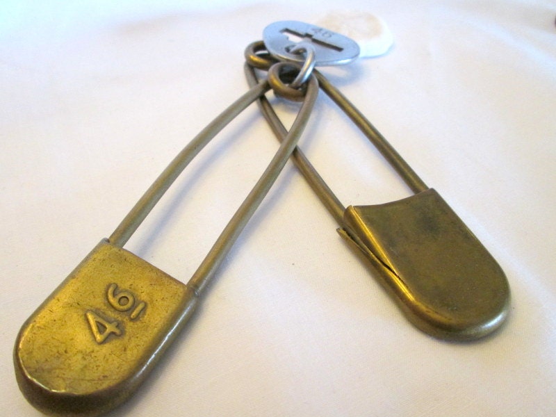 Vintage 2 Extra Large Brass Safety Pins Maker Signed Key Tag