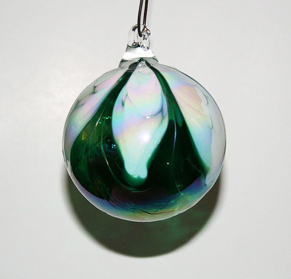 Hand Blown Glass Christmas Ornament White And Green Feathered