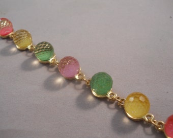 Gold Link Bracelet with Yellow, Green and Pink Beads