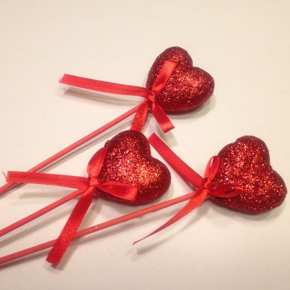 3 glitter heart on wood stick picks 10 inches long BR