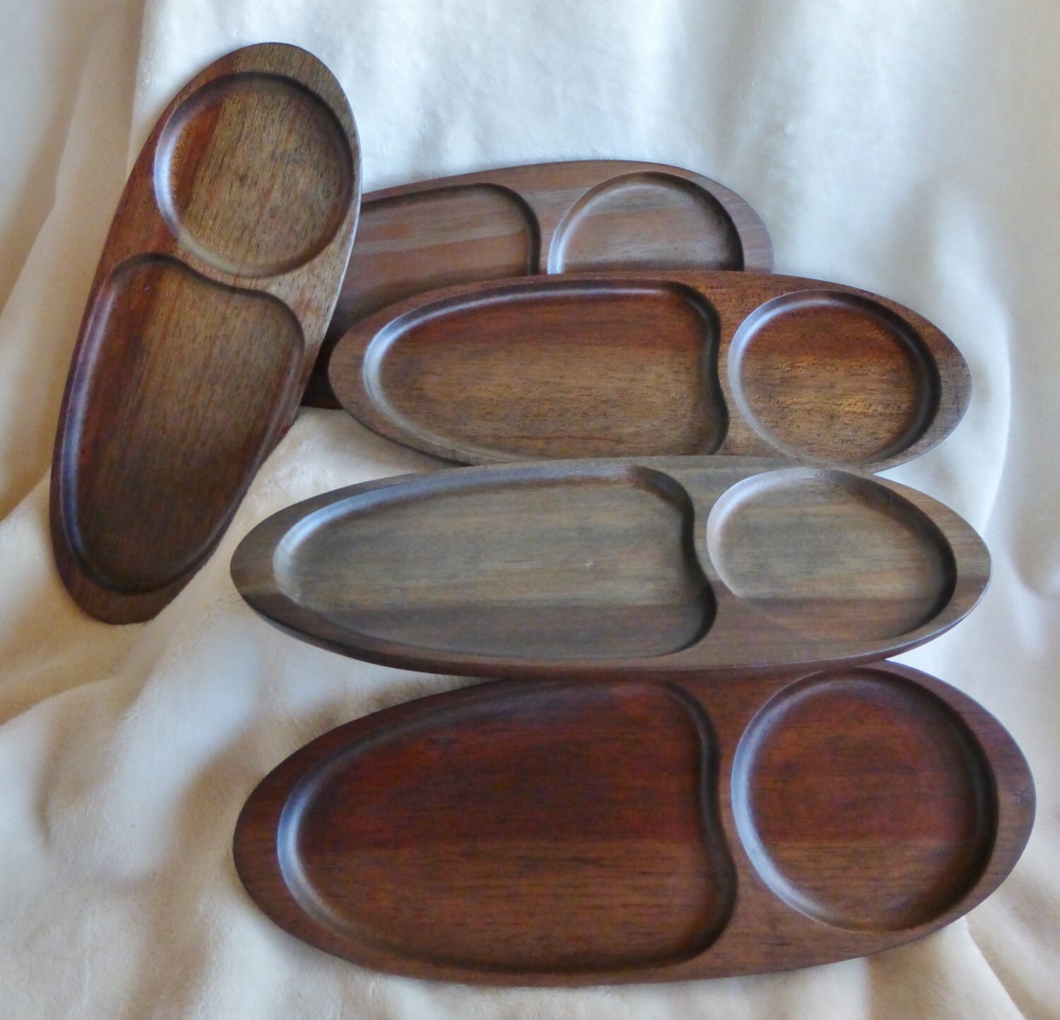 Set of five lovely vintage wood snack trays with depressions for