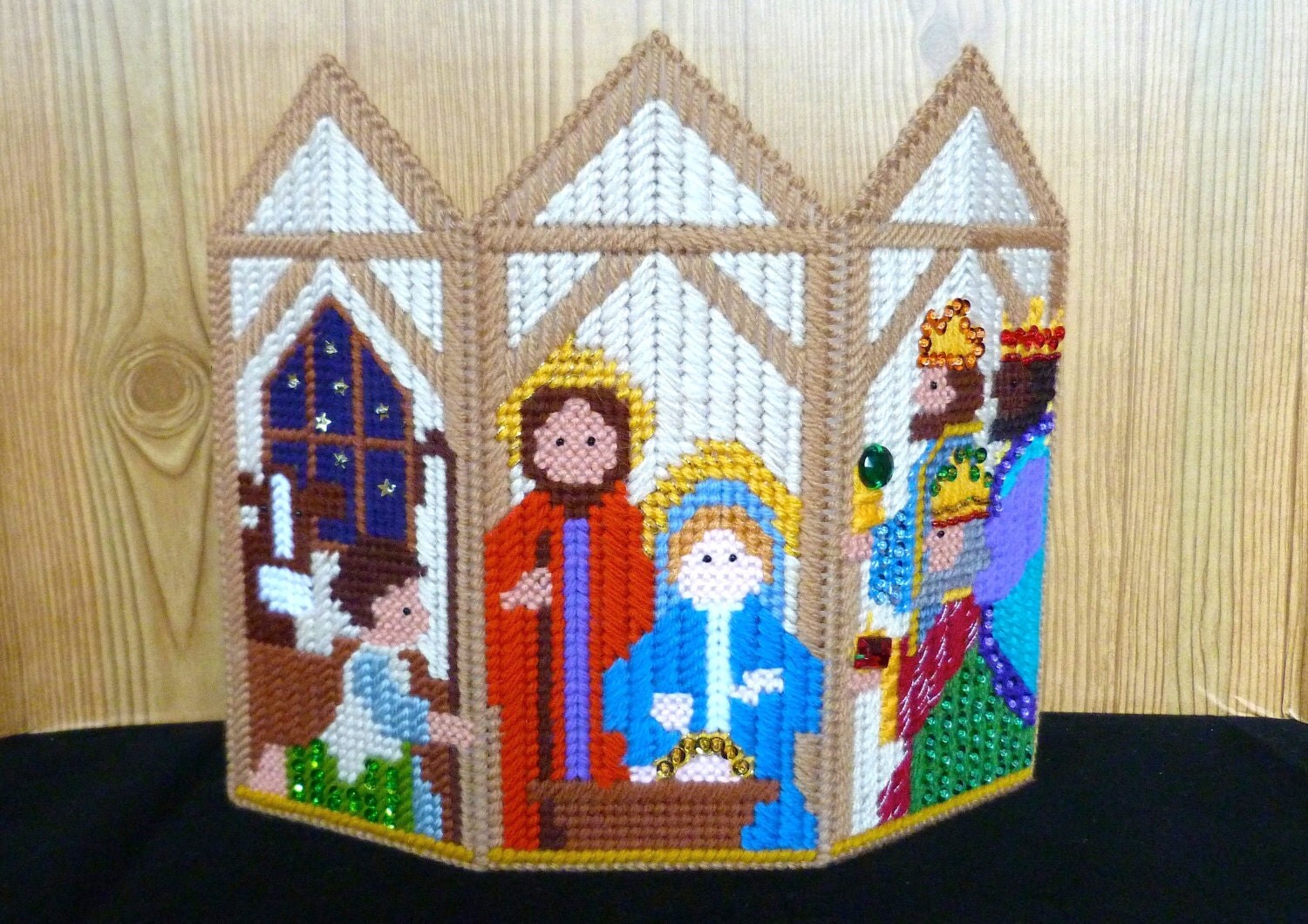 Plastic Canvas Nativity Christmas Decorative Tabletop Standing Mini Screen Pane Panel Holiday Home Decor Needlecraft